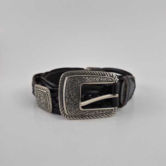 Other - Kids Black Braided Genuine Leather Western Concho Belt Silver Tone Buckle ML